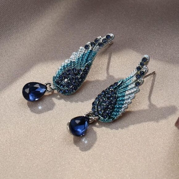 Silver with Sapphire Blue Crystal Angel Wing Enamel Dangling Post Back Earrings - Picture 2 of 5